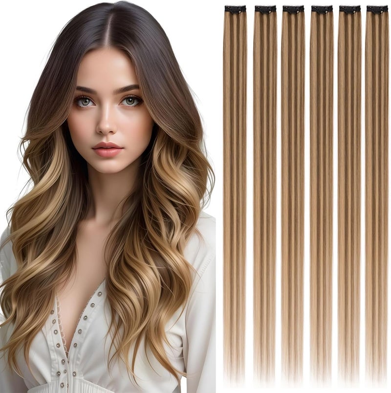 Rich Choices Clip in Hair Extensions Real Human Hair Medium Brown mix Dark Blonde Highlights Hair Extensions Clip in 6Pcs Straight Remy Hair 36g 14 Inch