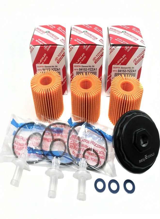 APSG OEM GENUINE 04152-YZZA1 OIL FILTERS x 3 with APSG CRUSH WASHERS and FILTER CAP WRENCH | 2.5L 2.7L 3.5L Engine | Compatible with ES350, GS350 RX350, Camry, RAV4, Highlander, Sienna, Tundra, Tacoma + - Image 1