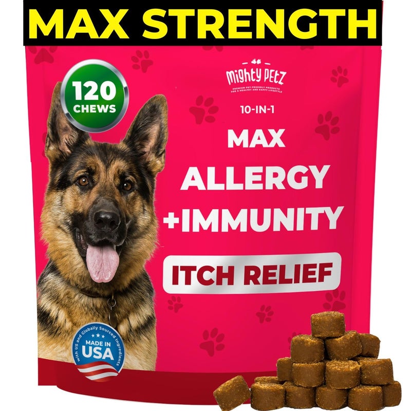 Mighty Petz MAX Dog Allergy Relief Chews - Itch Relief for Dogs. Dog Allergy Chews, Seasonal Allergies, Dog Itchy Skin & Immune Support Supplement. Colostrum & Probiotics - Image 1