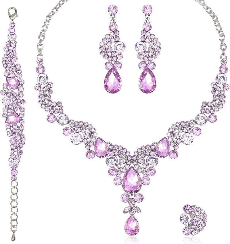 CSY Elegant Crystal Necklace Earrings Bracelet Ring Bridal Wedding Party Costume Jewelry Sets for Brides Women - Image 1