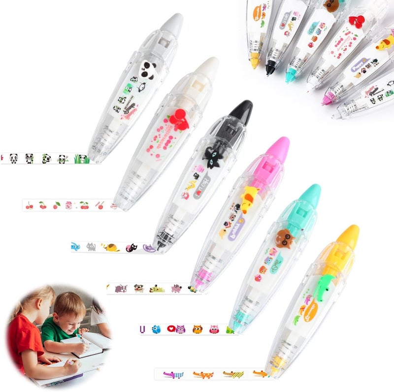 Excefore 6Pcs Diy Cute Animals Press Type Decorative Pen, Ally-Pocket Tape Pen, Diy Lace Decoration Tape Pen, Creative Cartoon Pattern Decorative Tape, Cute Scrapbooking Diary Decorative Correction Tapes - Image 1
