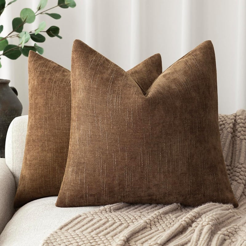 Foindtower Set of 2 Soft Textured Chenille Throw Decorative Pillow Covers Square Accent Solid Cushion Cover Cozy Neutral Farmhouse Pillow Case for Couch Sofa Bedroom Living Room 24x24 Inch,Dark Bronze - Image 1