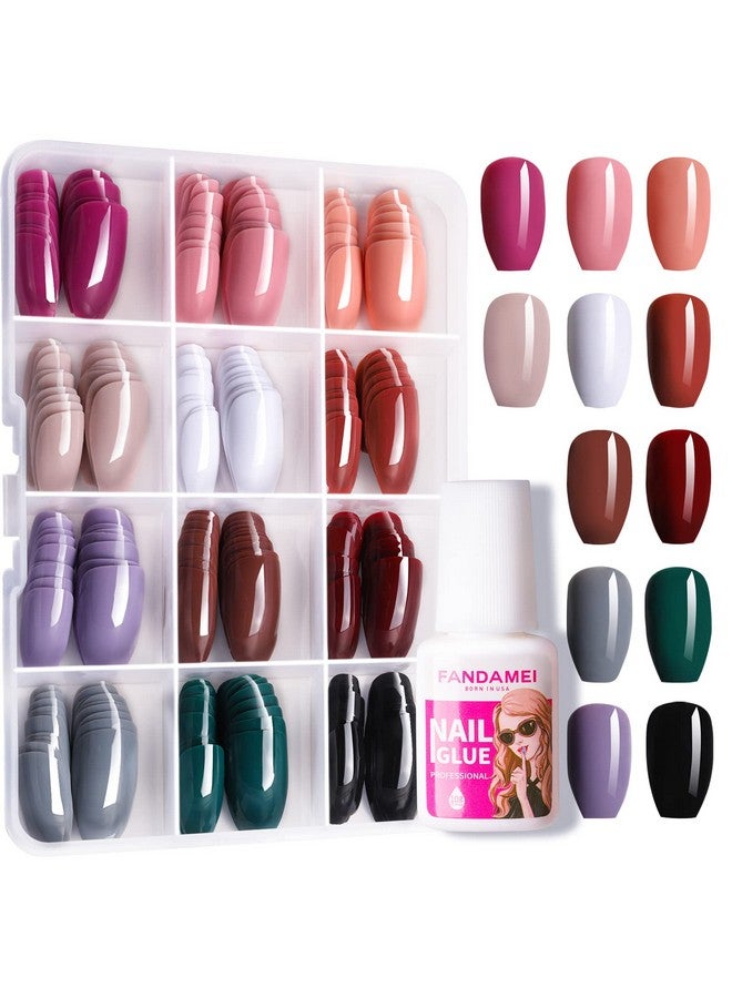 FANDAMEI 288Pcs Press On Nails Medium Length, 12 Sets Short Fake Nails False Ballerina Coffin Press On Nails, 12 Solid Color Glossy False Nail Tips For Women Girls Nail Art Diy With 10G Nail Tips Glue - Image 1