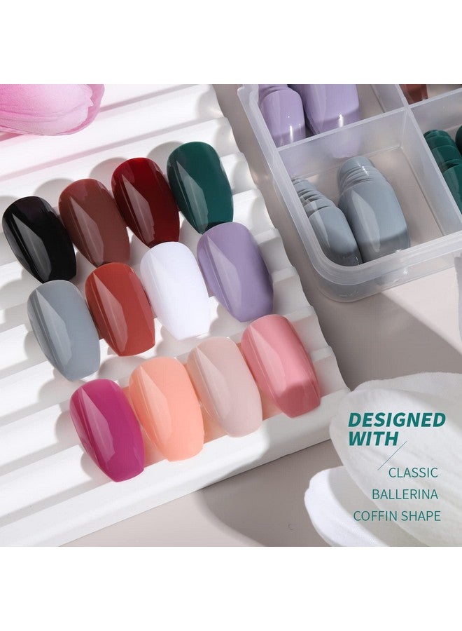 FANDAMEI 288Pcs Press On Nails Medium Length, 12 Sets Short Fake Nails False Ballerina Coffin Press On Nails, 12 Solid Color Glossy False Nail Tips For Women Girls Nail Art Diy With 10G Nail Tips Glue - Image 2