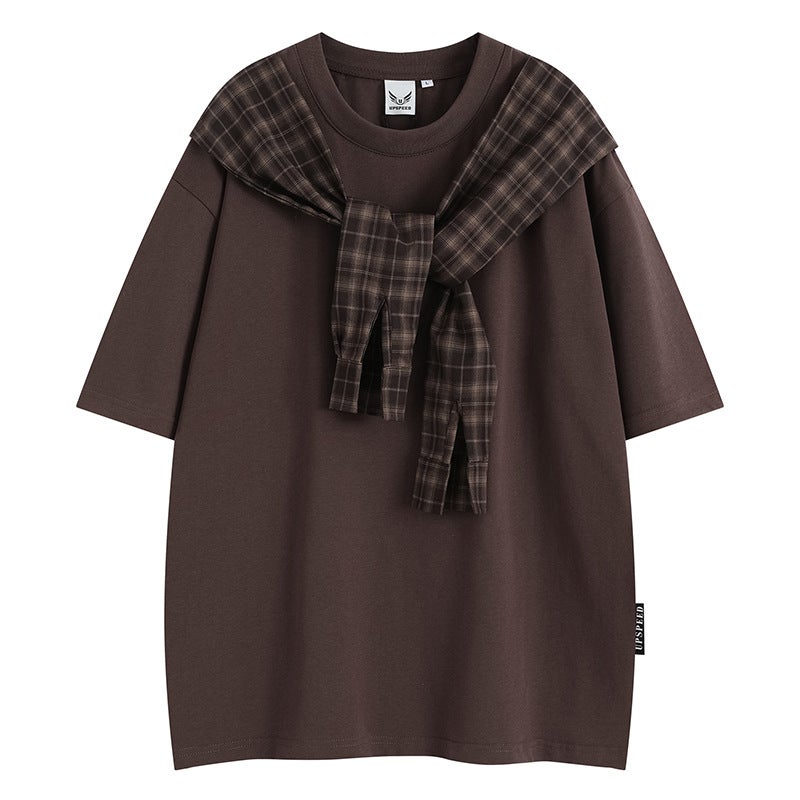 2025 New Niche Design Plaid Shawl Fake Two-piece T-shirt Men's Fashion Brand Loose Casual Short-sleeved Old Qian Hong Kong Flavor - Image 3