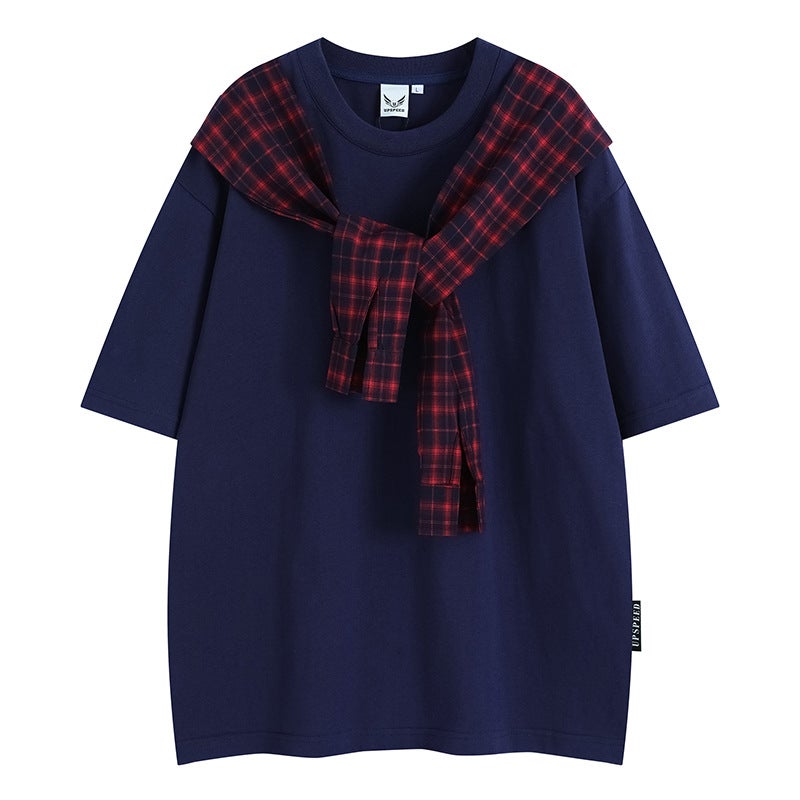 2025 New Niche Design Plaid Shawl Fake Two-piece T-shirt Men's Fashion Brand Loose Casual Short-sleeved Old Qian Hong Kong Flavor - Image 1