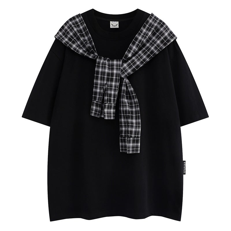 2025 New Niche Design Plaid Shawl Fake Two-piece T-shirt Men's Fashion Brand Loose Casual Short-sleeved Old Qian Hong Kong Flavor - Image 4