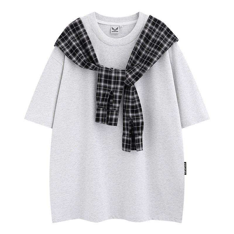 2025 New Niche Design Plaid Shawl Fake Two-piece T-shirt Men's Fashion Brand Loose Casual Short-sleeved Old Qian Hong Kong Flavor - Image 5