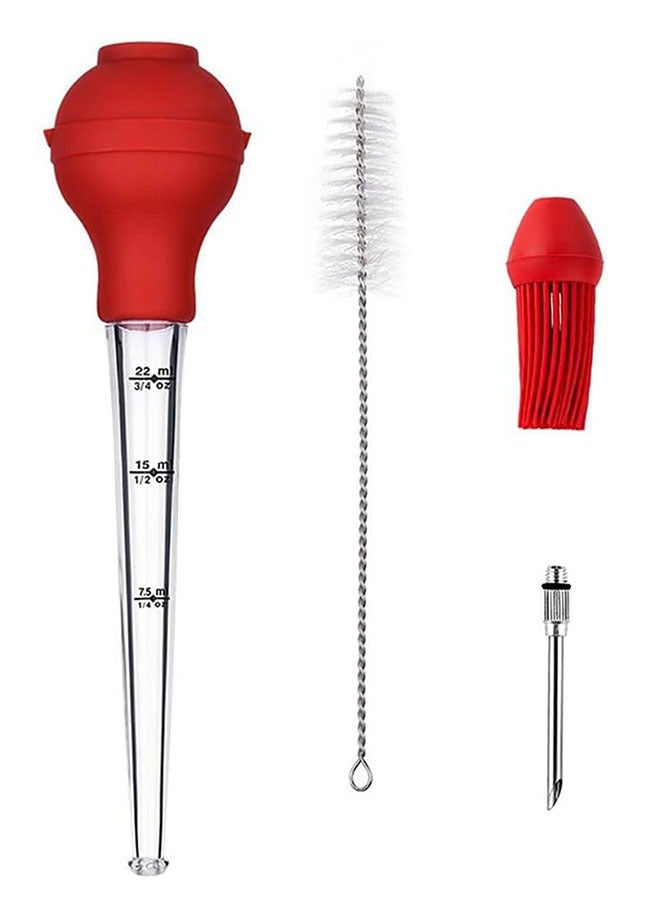 1 Set Large Turkey Baster Set for Cooking, Food Grade Baster Syringe Set Including Detachable Round Silicone Bulb, Barbecue Basting Brush, Meat Marinade Injector Needles, Cleaning Brushes, Red  - Image 1