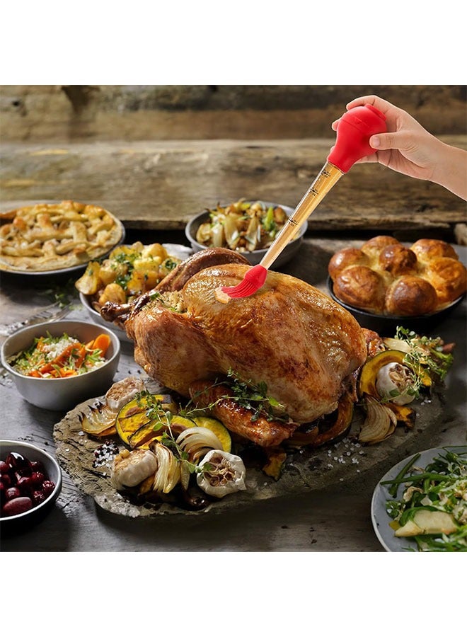 1 Set Large Turkey Baster Set for Cooking, Food Grade Baster Syringe Set Including Detachable Round Silicone Bulb, Barbecue Basting Brush, Meat Marinade Injector Needles, Cleaning Brushes, Red  - Image 4