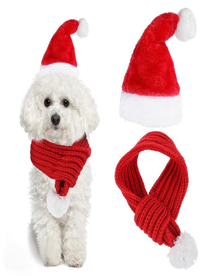 Apausvcm Christmas Cat Santa Hat and Scarf, Adjustable Santa Hat for Dog Red Knit Scarf with White Pompom Ball Winter Neck Warmer Scarves Cat Neck Costume Set for Cats and Small Dogs(39cm/15.4in) - Image 1