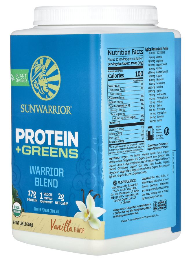 Sunwarrior Warrior Blend Protein + Greens Vanilla 1.65 lb (750 g) - Image 2