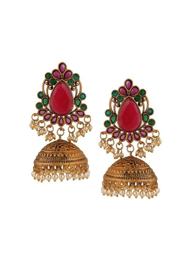 Priyaasi Ruby Green Women Ruby Green Brass Earrings with pattern and secured with Post and Back closure and styled in ideal for Ethnic moments — designed to make heads turn.