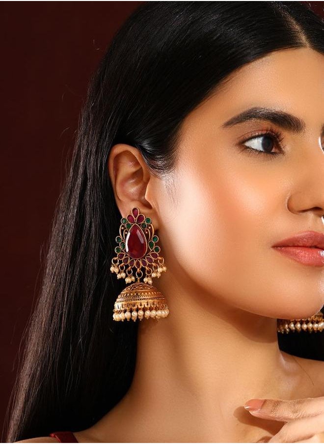 Priyaasi Ruby Green Women Ruby Green Brass Earrings with pattern and secured with Post and Back closure and styled in ideal for Ethnic moments — designed to make heads turn.  - Image 1