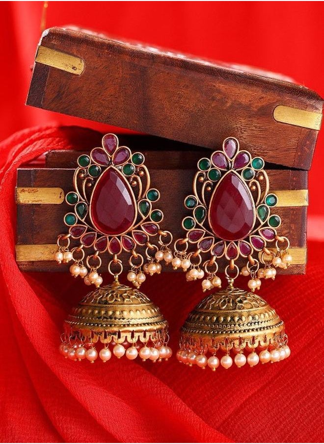 Priyaasi Ruby Green Women Ruby Green Brass Earrings with pattern and secured with Post and Back closure and styled in ideal for Ethnic moments — designed to make heads turn.  - Image 2