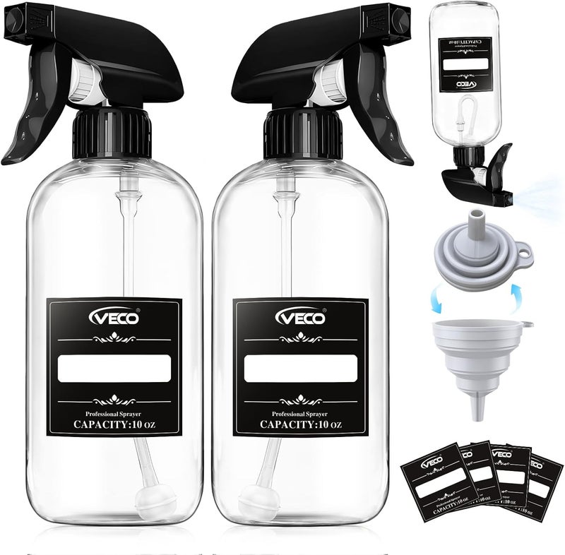 Veco 10oz Spray Bottle with Adjustable Nozzle, 360° Water Spray Bottles for Cleaning Solution, Plastic Spray Bottles for Hair Cooking Plant Pet, No Leak and Clog (FT), clear, 10 oz 2Pack - Image 1