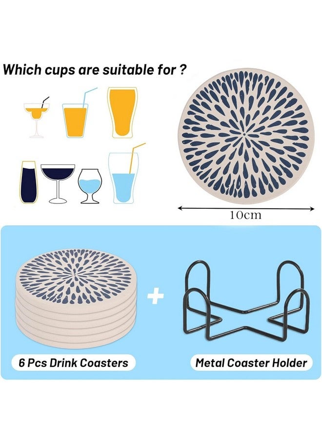 Kuber Industries Set of 6 Diatomite Coaster with Cork Steel Holder Stand for Hot Pots - Water Absorbent Tea Cup & Water Glass Cover Top Lid | Blue Drops - White - Image 3