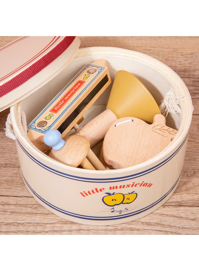 Children's Wooden Simulation Drum Rattle Ring Board Harmonica Little Musician Musical Instrument Sensory Suit Play House Toy-Color:OJR-(5-piece Set) Little Musician-Yellow  - Image 3
