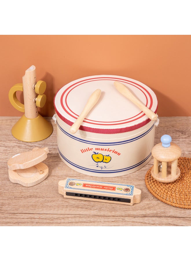 Children's Wooden Simulation Drum Rattle Ring Board Harmonica Little Musician Musical Instrument Sensory Suit Play House Toy-Color:OJR-(5-piece Set) Little Musician-Yellow  - Image 4