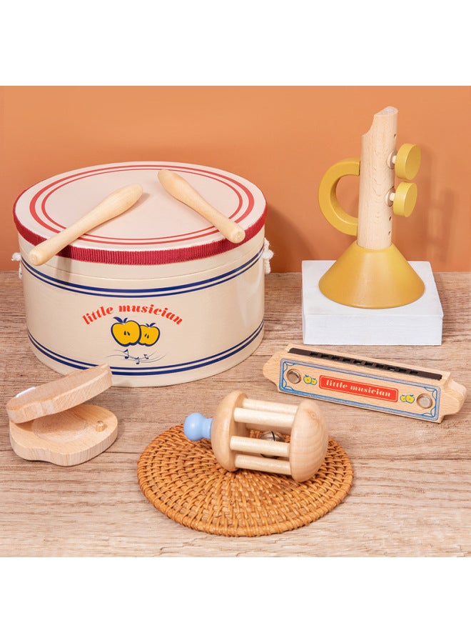 Children's Wooden Simulation Drum Rattle Ring Board Harmonica Little Musician Musical Instrument Sensory Suit Play House Toy-Color:OJR-(5-piece Set) Little Musician-Yellow  - Image 2