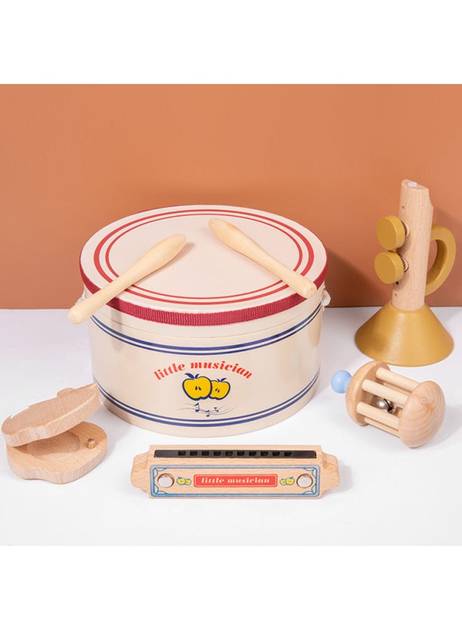 Children's Wooden Simulation Drum Rattle Ring Board Harmonica Little Musician Musical Instrument Sensory Suit Play House Toy-Color:OJR-(5-piece Set) Little Musician-Yellow  - Image 5