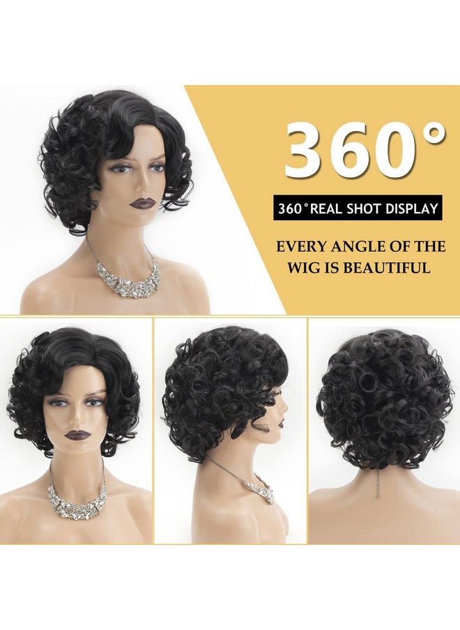 SEVENCOLORS Short Curly Wigs For Black Women Glueless Soft Short Black Hair Wigs Natural Looking Synthetic Fiber Afro Big Curly Bob Wigs  - Image 3