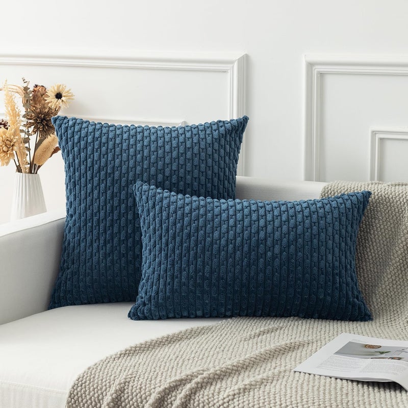 K KEVIN TEXTILE Kevin Textile 2 Packs Blue Decorative Throw Pillow Covers 20x20 Inch for Living Room Couch Bed Sofa Soft Striped Corduroy Square Cushion Case 50x50 cm Rustic Farmhouse Boho Home Decor  - Image 4
