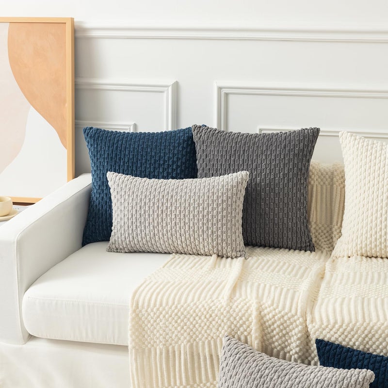 K KEVIN TEXTILE Kevin Textile 2 Packs Blue Decorative Throw Pillow Covers 20x20 Inch for Living Room Couch Bed Sofa Soft Striped Corduroy Square Cushion Case 50x50 cm Rustic Farmhouse Boho Home Decor  - Image 5
