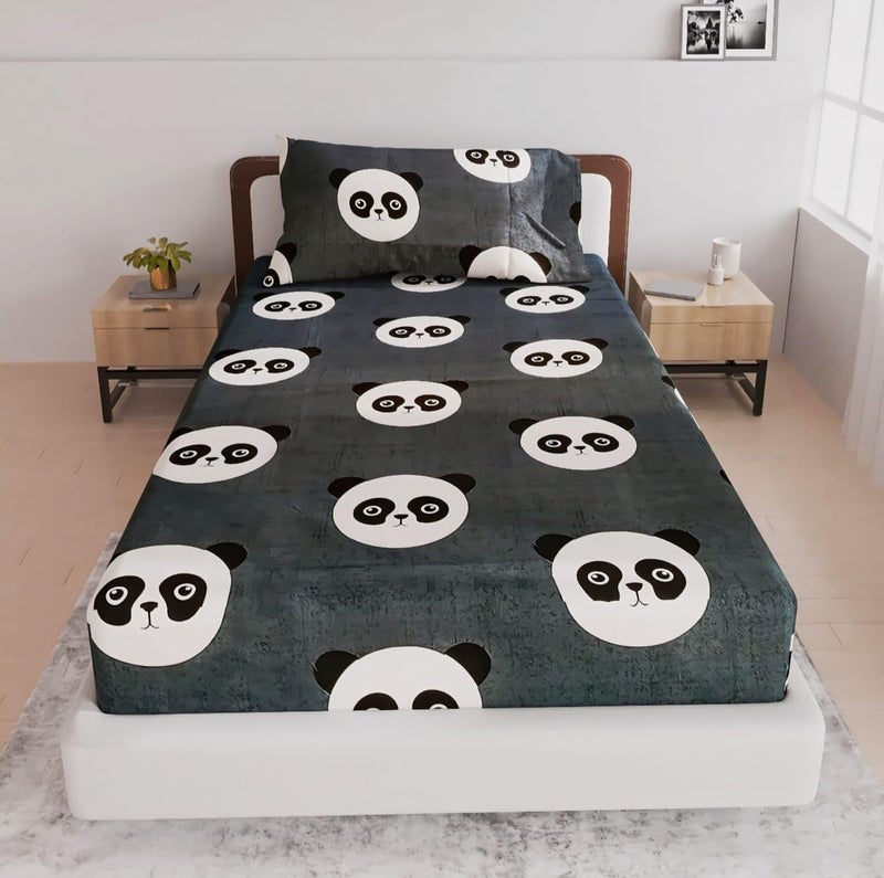 Single Bed Cotton Bedsheet with Panda Print Grey and White with Matching Pillowcase  - Image 1