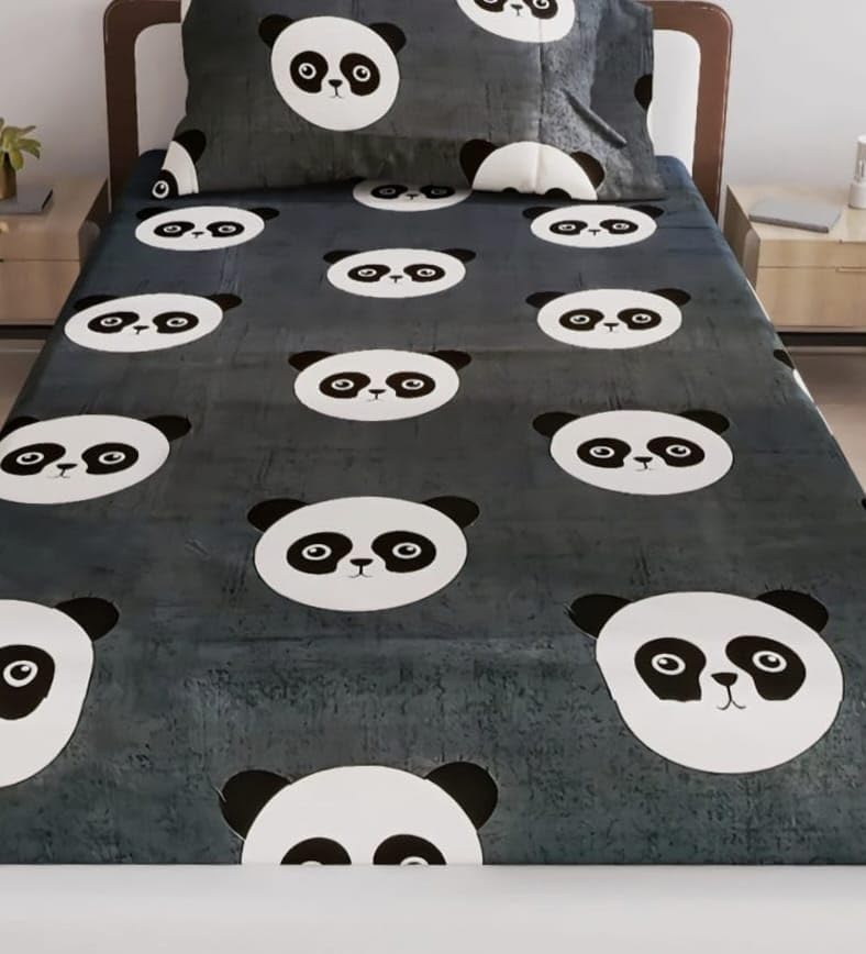 Single Bed Cotton Bedsheet with Panda Print Grey and White with Matching Pillowcase  - Image 3