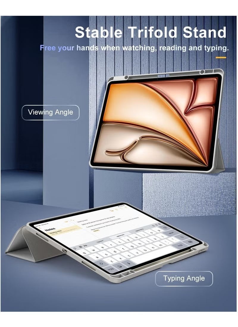 iPad Air 13 Inch Case for 2025/2024 M3 & M2 Models – Slim Protective Cover with Built-In Pencil Holder | Auto Wake/Sleep Magnetic Front | Clear Transparent Back Shell for Apple iPad Air 13" | Lightweight Stand Case in Grey | Shock-Absorbing and Scratch-Resistant