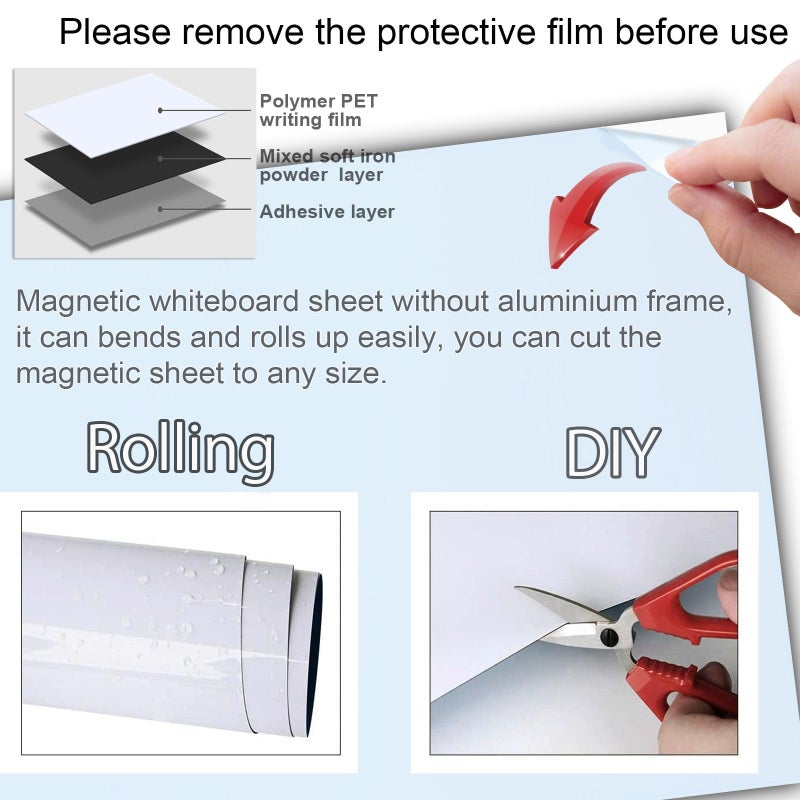 Dry Erase White Board Sheet with Adhesive Back,Self-Adhesive Whiteboard Dry Erase Board for Wall,Glass,Magnetic Cuttable Whiteboard for Office,Home,School w/Markers,Eraser and Magnets - Image 5