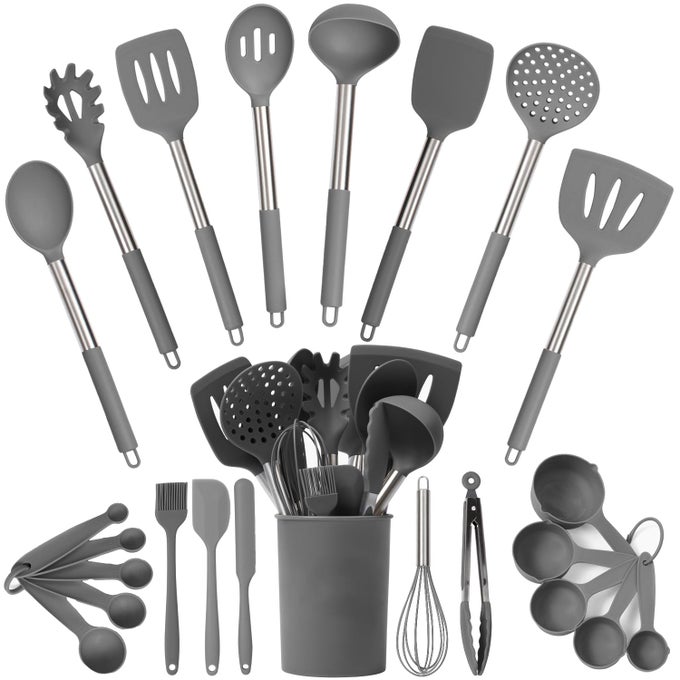 24PIECE GREY SILICONE COOKING UTENSILS SET NONSTICK SAFE STAINLESS STEEL HANDLES ACCESSORIES