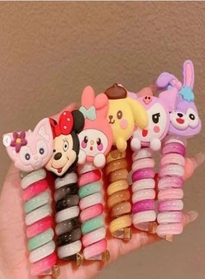 Hivata Spiral Rope Telephone Wire Korean Hair Rubber Bands Elastic for Girls Kids Braided Spiral Hair Ties Cute Cartoon Ponytail Maker Phone Cord Hair Accessories for Girls (Pack of 6) - Image 1