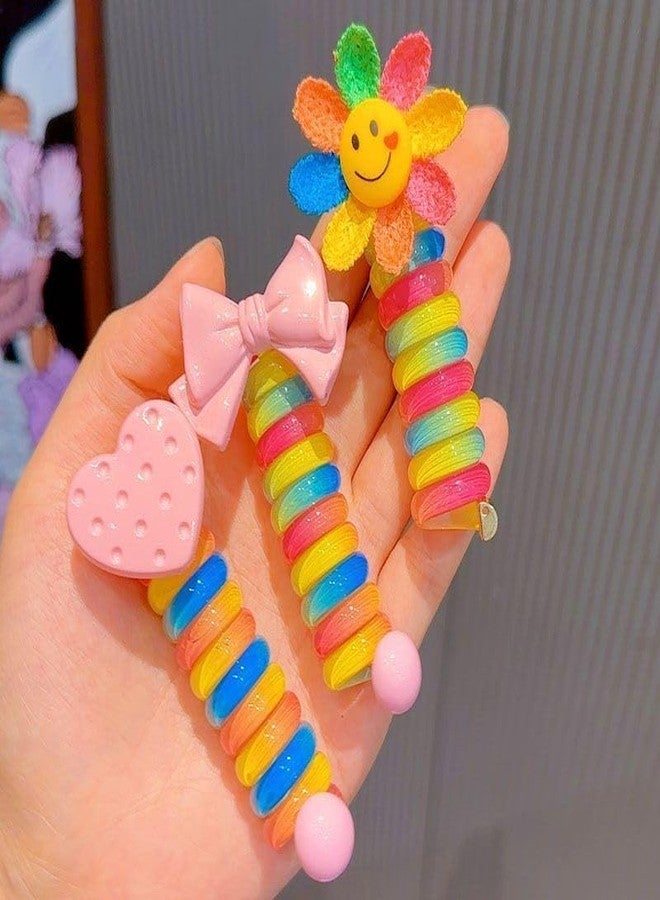 Hivata Spiral Rope Telephone Wire Korean Hair Rubber Bands Elastic for Girls Kids Braided Spiral Hair Ties Cute Cartoon Ponytail Maker Phone Cord Hair Accessories for Girls (Pack of 6) - Image 5