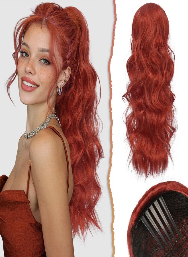 SOFEIYAN Drawstring Ponytail Extension 24 Inch Wavy Curly Clip on Hairpiece Comb Clip in Ponytail Extensions Layered Fluffy Thick Pony Tails Hair Extension Synthetic Hairpieces for Women-Red - Image 1