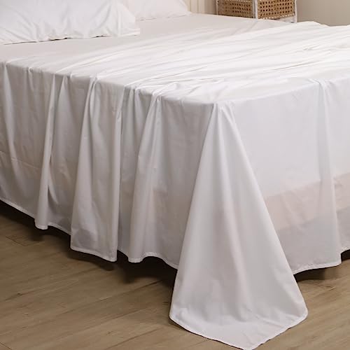LINENWALAS 300 Tc 100% Pure Cotton Percale Linen Bedsheet For Super King Bed Size Bedding With Pillow Cover For Bedroom, Soft Smooth Crisp Hotel Quality Flat Sheets For Summer (120x108 Inch, White) - Image 2