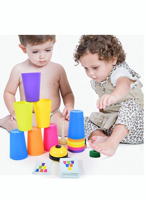 Stacking Cups Game with 54 Challenges 20 Stacking Cups Bell and Instruction Sheet Educational Color and Shape Matching Game Classic Quick Stacks Set for Kids, Teens, Adults