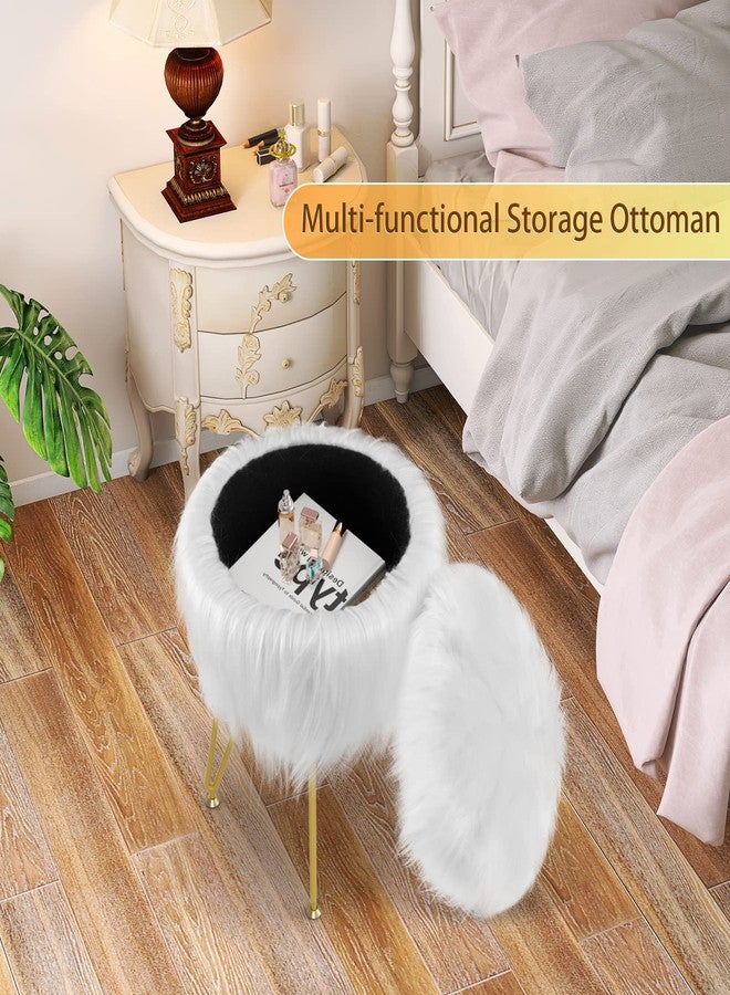 RunLexi Vanity Stool Chair with Storage, Faux Fur Makeup Room Seat Stool, Soft Padded Seat, Round Footrest Footstools with 4 Metal Legs & Adjustable Footings, Vanity, Bathroom, Bedroom Chairs White - Image 3