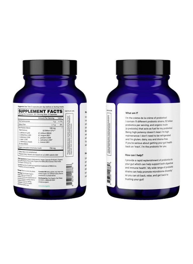 Ora Organic Probiotics with Prebiotics - 52 Billion CFU 11 Clinically Studied Strains for Digestive Health, Trust Your Gut, Gluten Free, 60 Capsules - Image 2