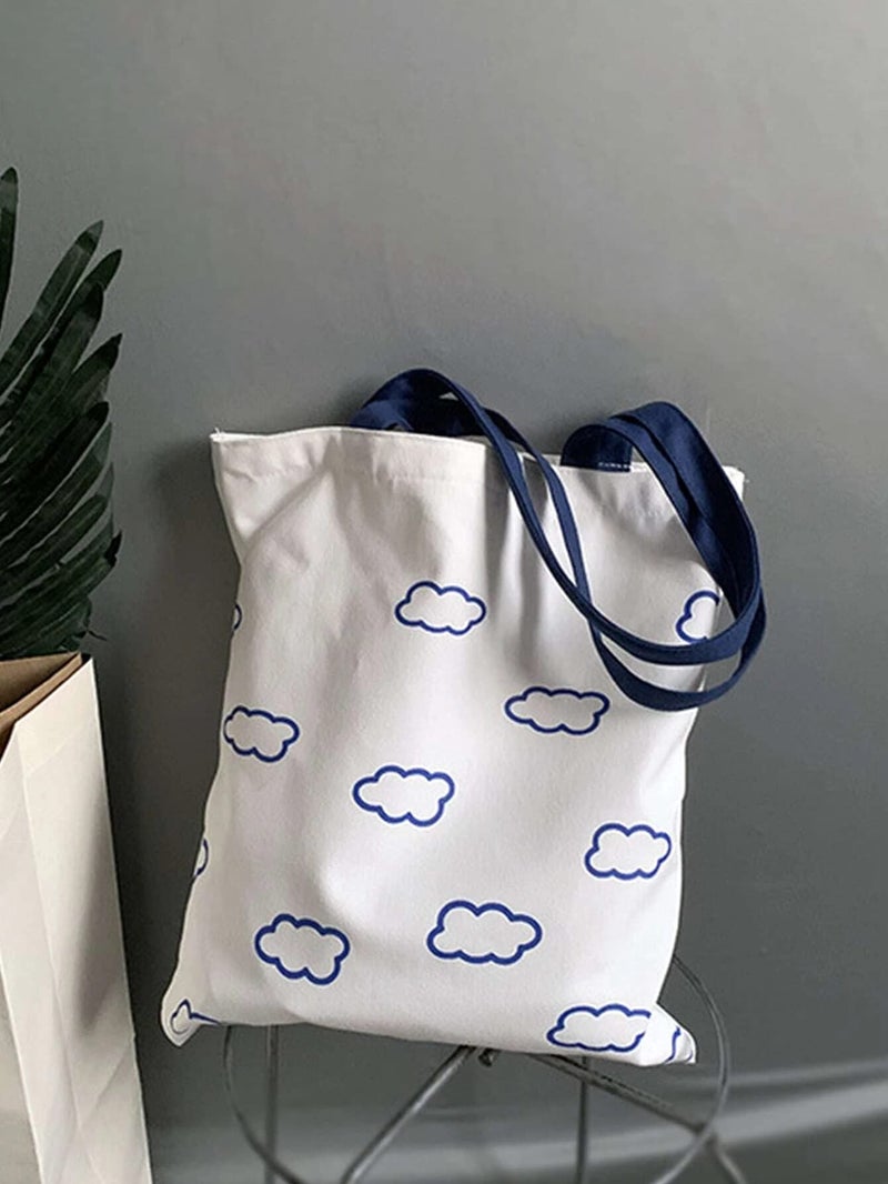 Glowic Cloud Print Tote Bag(WBAG-12), BLUE-WHITE - Image 4