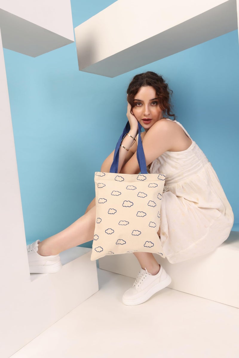 Glowic Cloud Print Tote Bag(WBAG-12), BLUE-WHITE - Image 2