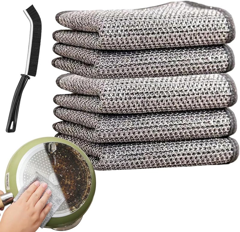 Rylan 3 Pack Non-Scratch Wire Dishcloth & Gaps Cleaning Brush, Multipurpose Wire Dishwashing Rags for Wet and Dry, Easy Rinsing, Reusable, Wire Cleaning Cloth for Kitchen, Sinks (3 Cloth+1 Brush) - Image 1
