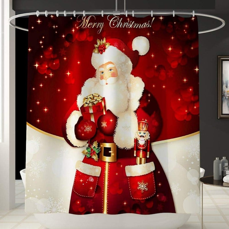 كلاراكو مجموعة ستائر حمام من 4 قطع من كلاركو مع سجاد غير قابل للانزلاق، وغطاء غطاء المرحاض، وسجادة حمام و12 خطافًا، وستارة حمام من القماش المقاوم للماء على شكل سانتا كلوز لتزيين حمام عيد الميلاد - Image 3
