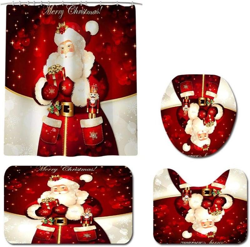 كلاراكو مجموعة ستائر حمام من 4 قطع من كلاركو مع سجاد غير قابل للانزلاق، وغطاء غطاء المرحاض، وسجادة حمام و12 خطافًا، وستارة حمام من القماش المقاوم للماء على شكل سانتا كلوز لتزيين حمام عيد الميلاد - Image 2