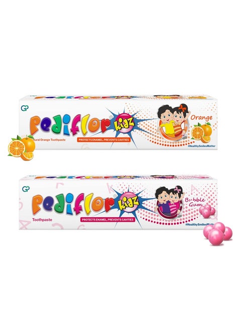 PEDIFLOR Kidz Anti Cavity Protection Toothpaste | Bubble Gum And Orange Flavour Combo Pack Of 2 | Fluoride Toothpaste For Children With Xylitol | Fights Kids Tooth Decay | Vegan | 70G Per Pack