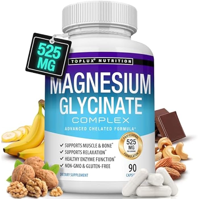Toplux Magnesium Glycinate 525mg - High Absorption Chelated Magnesium Supplement Made with Pure Magnesium Glycinate - Supports Muscles, Sleep, Cramps, Recovery Bisglycinate Complex Vegan Non-GMO 90 Capsules - Image 1