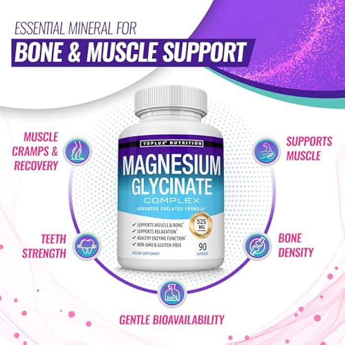 Toplux Magnesium Glycinate 525mg - High Absorption Chelated Magnesium Supplement Made with Pure Magnesium Glycinate - Supports Muscles, Sleep, Cramps, Recovery Bisglycinate Complex Vegan Non-GMO 90 Capsules - Image 5