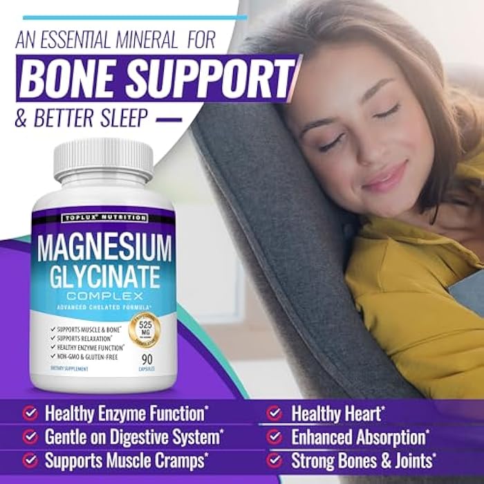 Toplux Magnesium Glycinate 525mg - High Absorption Chelated Magnesium Supplement Made with Pure Magnesium Glycinate - Supports Muscles, Sleep, Cramps, Recovery Bisglycinate Complex Vegan Non-GMO 90 Capsules - Image 4