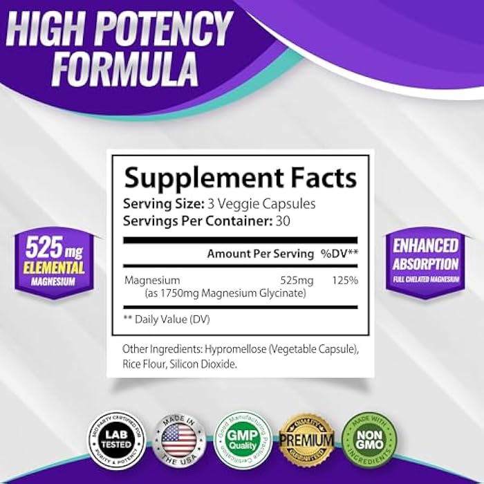Toplux Magnesium Glycinate 525mg - High Absorption Chelated Magnesium Supplement Made with Pure Magnesium Glycinate - Supports Muscles, Sleep, Cramps, Recovery Bisglycinate Complex Vegan Non-GMO 90 Capsules - Image 2